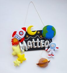 Space decor, name sign, Name Plate, child's door sign, Felt Name Banner, Name Bunting, Space and planet nursery