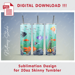Aquarium Fish Template - Seamless Sublimation Pattern - 20oz SKINNY TUMBLER - Full Tumbler Wrap