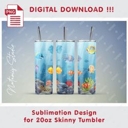 Aquarium Fish Template - Seamless Sublimation Pattern - 20oz SKINNY TUMBLER - Full Tumbler Wrap