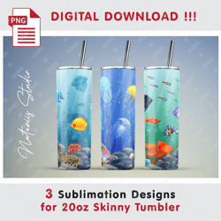 3 Aquarium Fish Templates - Seamless Sublimation Patterns - 20oz SKINNY TUMBLER - Full Tumbler Wrap