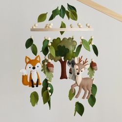 Handcrafted Fox, Deer, Raccoon and Woodland Themed Felt Baby Mobile - Customizable Nursery Decor