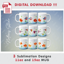 3 Aquarium Fish Sublimation Designs - 11oz 15oz MUG - Digital Mug Wrap