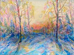 Landscape painting with acrylic on canvas "Before Christmas", size 12x16 inches, beautiful winter nature, a great gift.