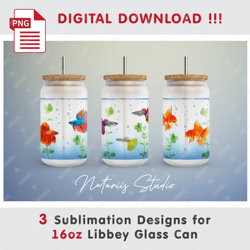3 Aquarium Fish Sublimation Templates - Seamless  Patterns - 16oz LIBBEY GLASS CAN - Full Can Wrap