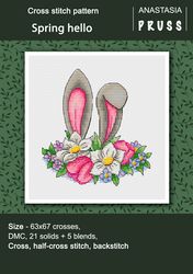 Spring hello cross stitch pattern Easter bunny embroidery Flowers design PDF