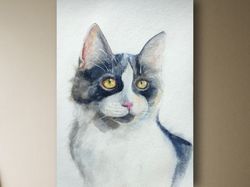 Cat painting white kitty artwork original watercolor art pet portrate white spotted cat