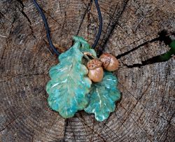 Oak leaves Acorns Ceramic necklace Leaf pendant Natural style Forest jewelry Botanical necklace Nature Accessories Boho
