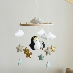 Handcrafted Penguin and Stars Themed Felt Baby Mobile - Customizable Nursery Decor