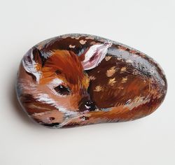Fawn hand-painted rocks Animal painted stone for garden Deer original rock painting