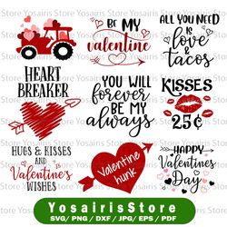 Valentines day bundle svg, 9 Valentines day svg  designs, svg dxf eps png cut files, funny Valentines day sayings, love