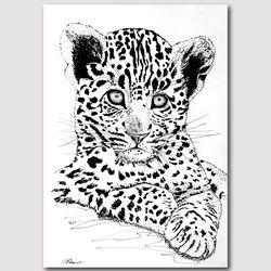 Leopard cub Original black ink drawing One-of-a-kind Animal portrait Art Painting Dining room Wall decor Bedroom