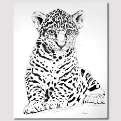 Cute jaguar cub Original black ink drawing One-of-a-kind Animal portrait Art Painting Dining room Wall decor Bedroom