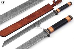 Custom Hand Forged OR Handmade Damascus Steel Tanto Long Sword With Leather Sheath, Free Shipping, Gift