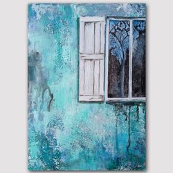 Original 3D Acrylic Hand Made Painting A window in an old turquoise wall Painting of architecture Wall Art