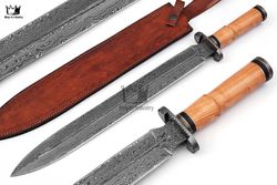 Custom Handmade Damascus Steel Double Edge Hunting Sword 24 Inches Battle Ready With Leather Sheath & Free Shipping