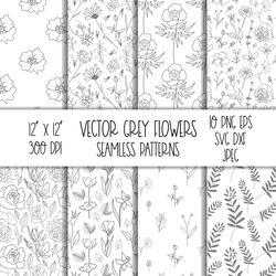 Grey and white floral digital paper packs