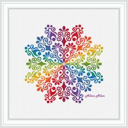 Cross stitch pattern Mandala snowflake silhouette ornament rainbow panel pillow napkin counted crossstitch patterns PDF