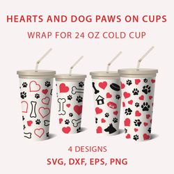 Dog paws & hearts on 24 oz cups, Full wraps for Valentine cups, 4 designs with & without logo hole in SVG, EPS, DXF, PNG