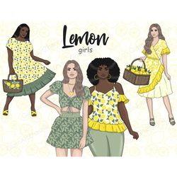 lemon girl clipart, Sweet Lemon woman Clipart, Spring Summer Clipart, Sunflower Clipart, Fashion Girl Clipart, Rustic cl