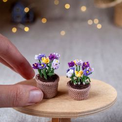 Beautiful Miniature CROCUS in Pot Tiny Fake Flowers, Spring Bouquet for Mother, Mini Fiber Art Plant Decor, Violet Iris