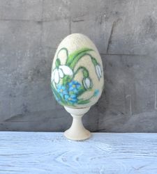Felted yellow Easter egg with snowdrops ornament for spring tree Egg hunt party Happy Easter decoration