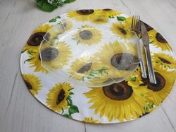 Sunflower placemats set of 8, 6,4 or 2, round placemats washable, sunflower table mats water-repellent coating,