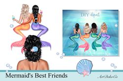 Mermaid Besti Clipart, Mermaid Friends, Mermaid Sisters Clip Art, Fish Clipart, Fantasy Art, Personalized PNG