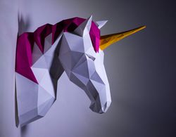 Unicorn Head Wall Paper Craft, Digital Template, Origami, PDF Download DIY, Low Poly, Wall Decor