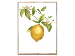 Lemon Art Print Citrus Watercolor Painting Yellow Green Fruit Wall Art Lemon Flowers Poster Kitchen Wall Decor Minimal