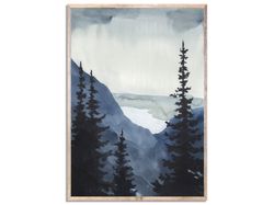 Blue Ridge Art Print Dark Blue Mountains Watercolor Painting Indigo Pine Trees Forest Wall Art Misty Landscape Foggy