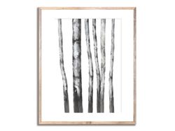 Aspen Trees Watercolor Art Print Birches Wall Art Black and White Giclee Black and White Poster Farmhouse Wall Decor