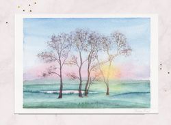 Willows painting Sunset painting Landscape painting postcard Original watercolor painting 5x7