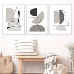 Gray Wall Art Set Of 3 Prints Abstract Ceometric Poster Download Living Room Picture Large Print Abstract Painting