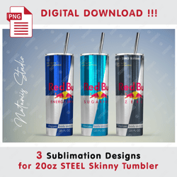 3 Inspired Red Bull Drinks Templates - 20oz STEEL SKINNY TUMBLER - Seamless Sublimation Patterns - Full Tumbler Wrap