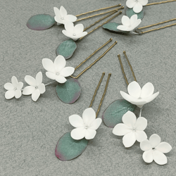 Set of Bridal hair piece floral hair pins for minimalism wedding | White bridal flowers headpiece Floral hair pin