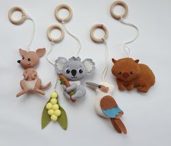 Australian animals hanging baby gym toy, kangaroo, cockatoo, wombat, kookaburra, Australian nursery, animal activity gym