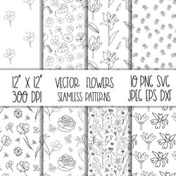 Seamless floral pattern black and white wildflower