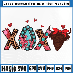 Highland Cow With Heart Western Cowhide Leopard Valentine Png, Xo Xo Cow, Valentine Day, Digital Download
