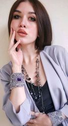 Embroidered cuff bracelets in eclectic style in gray-lilac colors with beads in boho style