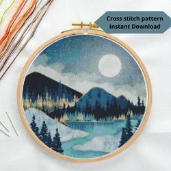 Landscape cross stitch pattern, Mountain cross stitch pattern, Nature embroidery, Instant download, Digital PDF