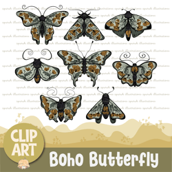 Boho Butterfly & Moth Insect Clipart Set