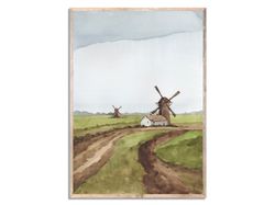 Dutch Windmill Art Print Farmhouse Landscape Watercolor Painting Green Brown and Sage Blue Wall Art Rustic Wall Decor