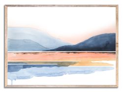 Mountain Lake Art Print Sunrise Lake Watercolor Painting Indigo Blue Abstract Minimalist Landscape Wall Art