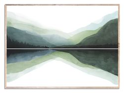 Mountain Lake Art Print Mountain Forest Watercolor Painting Abstract Landscape Wall Art Sage Green Large Misty Landscape