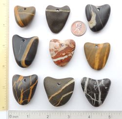 9 GENUINE top drilled sea pebbles sea rock HEART sea glass surf tumbled beautiful for jewelry 29-40 mm in lengt