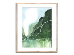 Ireland Watercolor Art Print Green Mountains Abstract Watercolor Painting Smoky Landscape Wall Decor Large Landscape Art