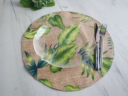 Palm leafs round placemats set of 6, 4 or 2, placemats washable, wipeable placemats with water-repellent,
