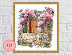 Floral Cross Stitch Pattern, Spring Flowers With Door, PDF Instant Download , Nature Landscape , Needlepoint
