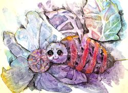 A fabulous bee on a flower among the leaves, made in watercolor and colored pencils