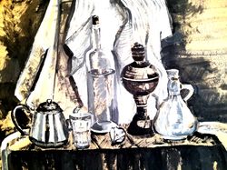 Still life with teapot, glass bottle, glass, garlic, black and white charcoal graphics